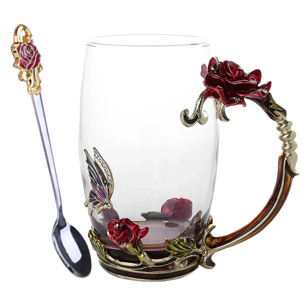 Junips | Handcrafted Enamel Coffee Mugs Rose-Glass Tea Cup with Steel Spoon Luxury Unique Gifts for Wedding Valentine's Day Birthday Gifts