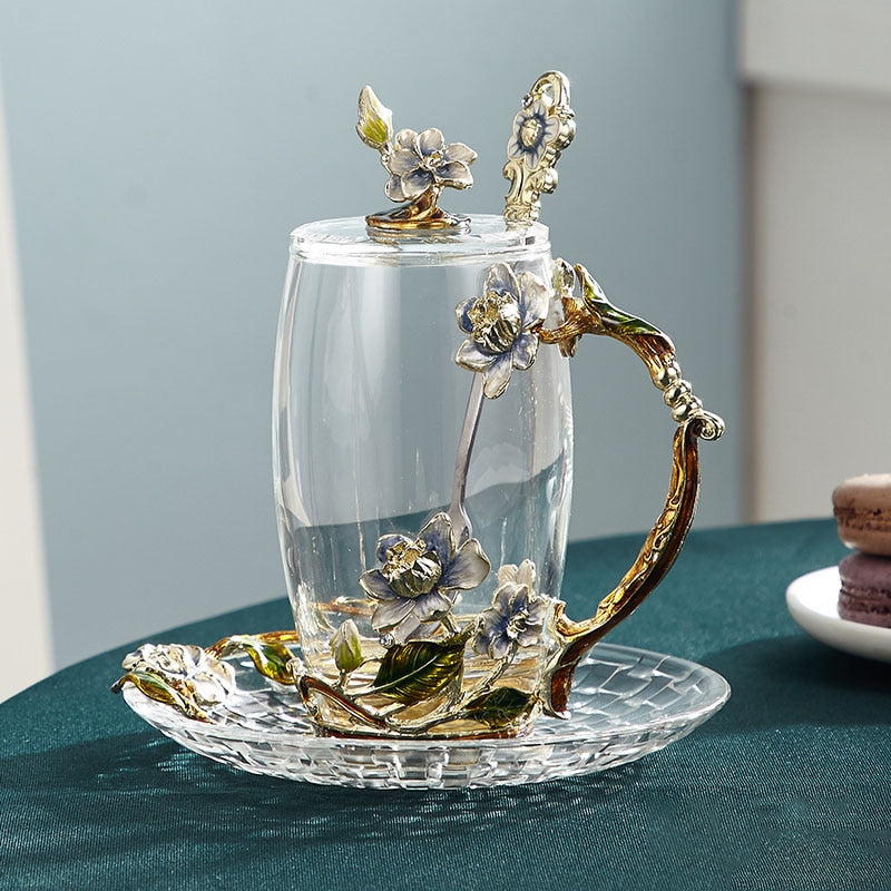 Junips | Handcrafted enamel flower glass mug for couples love gift can serve coffee, flavored tea or even lemon juice in