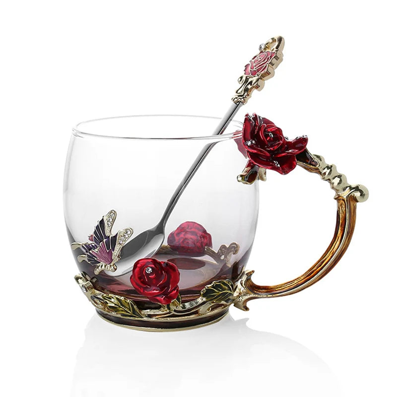 Junips | Handcrafted Enamel Coffee Mugs Rose-Glass Tea Cup with Steel Spoon Luxury Unique Gifts for Wedding Valentine's Day Birthday Gifts