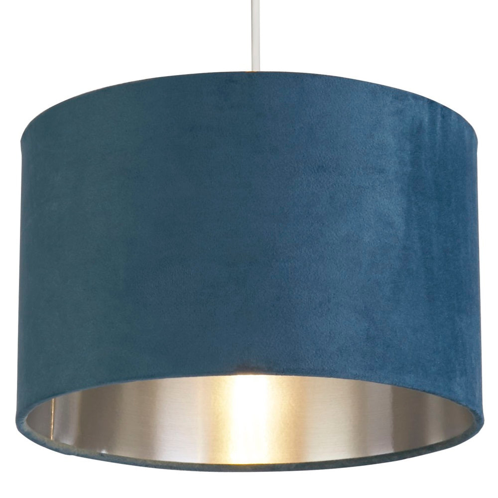 Junips | Teal Blue Velvet Vintage Easy Fit Drum Shade with Silver Interior 28cm