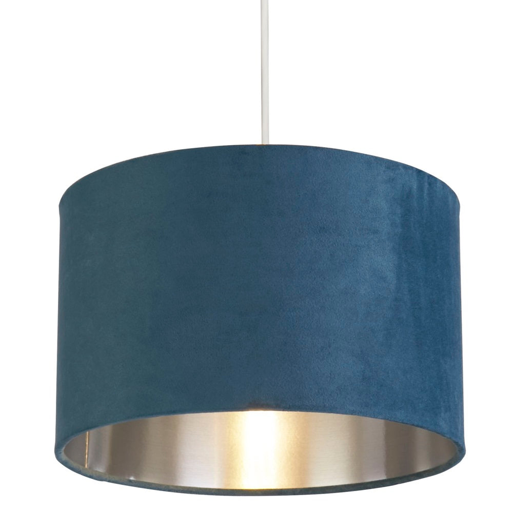 Junips | Teal Blue Velvet Vintage Easy Fit Drum Shade with Silver Interior 28cm