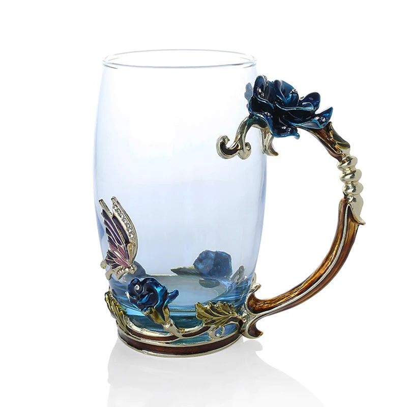 Junips | Handcrafted Enamel Coffee Mugs Rose-Glass Tea Cup with Steel Spoon Luxury Unique Gifts for Wedding Valentine's Day Birthday Gifts