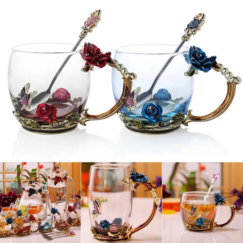Junips | Handcrafted Enamel Coffee Mugs Rose-Glass Tea Cup with Steel Spoon Luxury Unique Gifts for Wedding Valentine's Day Birthday Gifts