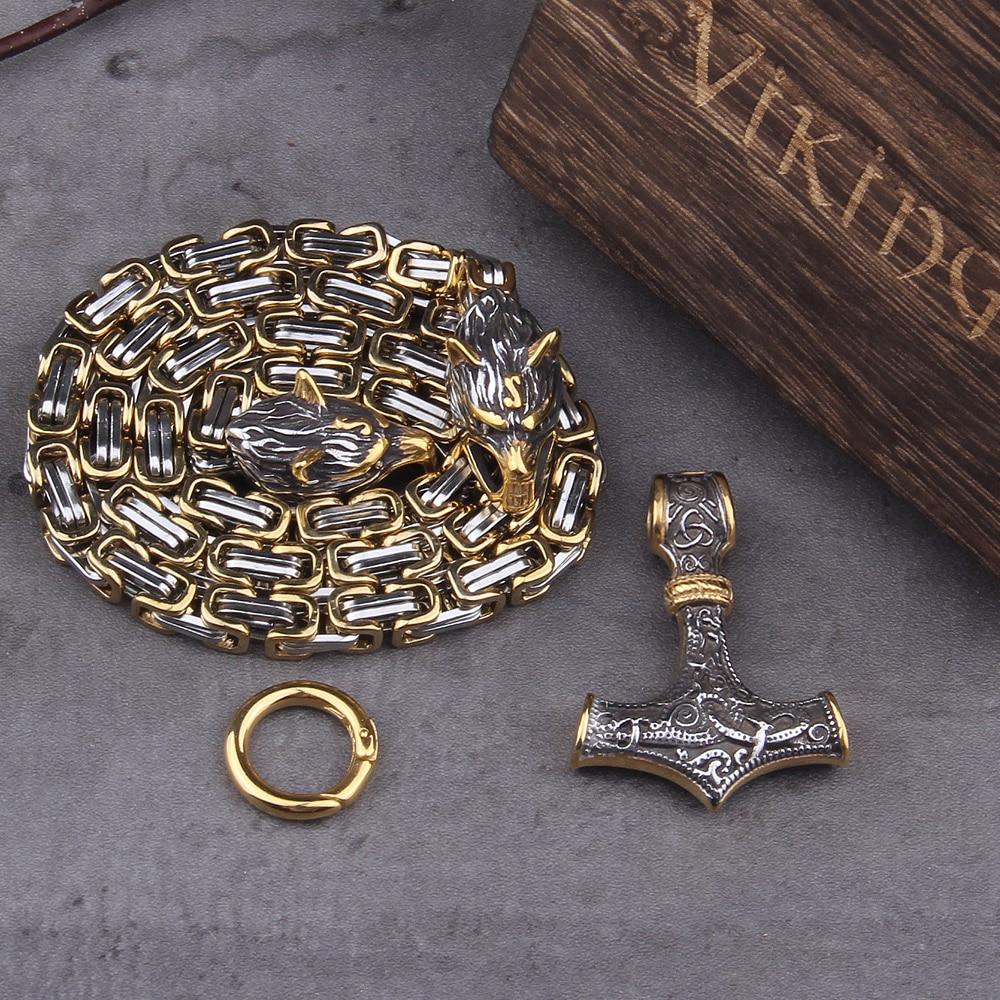 Junips | 60–90 cm Stainless Steel Double Wolf Head & Mjolnir Survival Spirit Necklace/Bracelet