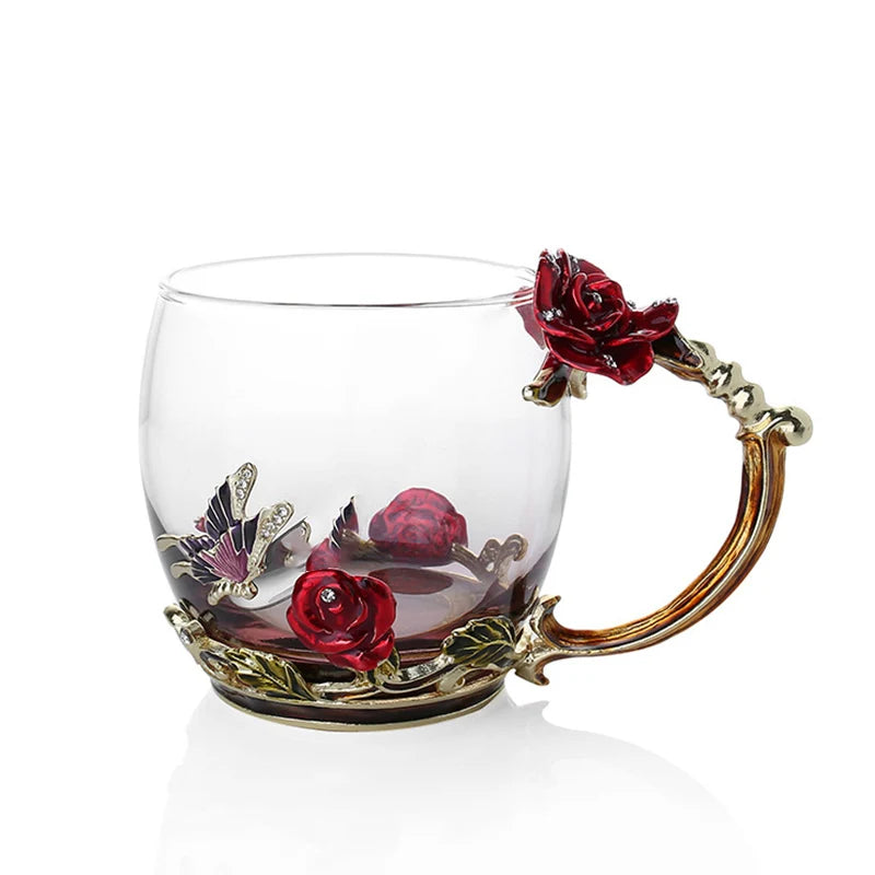 Junips | Handcrafted Enamel Coffee Mugs Rose-Glass Tea Cup with Steel Spoon Luxury Unique Gifts for Wedding Valentine's Day Birthday Gifts
