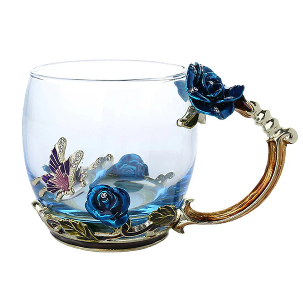 Junips | Handcrafted Enamel Coffee Mugs Rose-Glass Tea Cup with Steel Spoon Luxury Unique Gifts for Wedding Valentine's Day Birthday Gifts