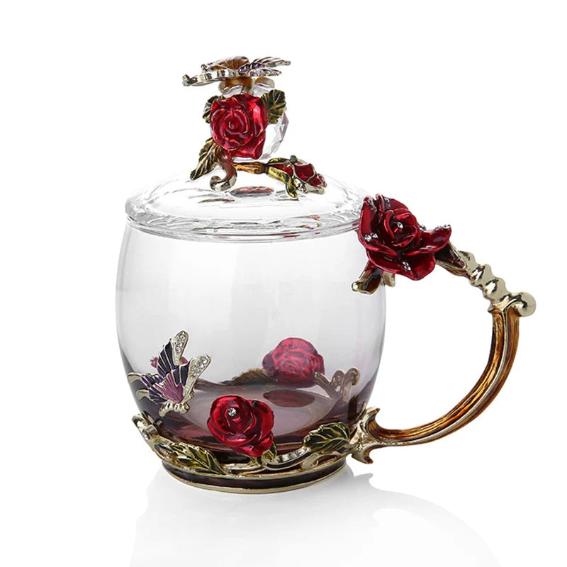 Junips | Handcrafted Enamel Coffee Mugs Rose-Glass Tea Cup with Steel Spoon Luxury Unique Gifts for Wedding Valentine's Day Birthday Gifts