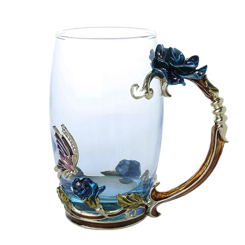 Junips | Handcrafted Enamel Coffee Mugs Rose-Glass Tea Cup with Steel Spoon Luxury Unique Gifts for Wedding Valentine's Day Birthday Gifts