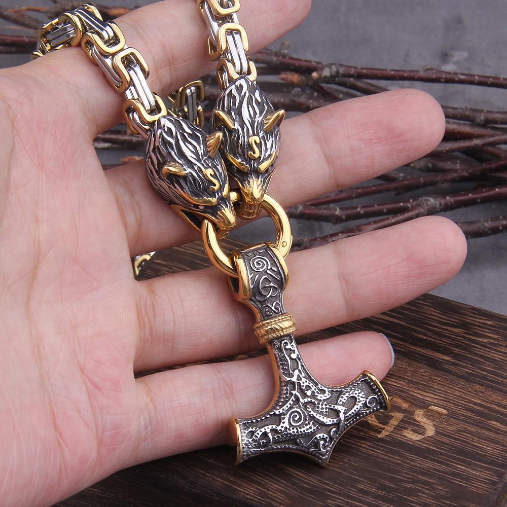 Junips | 60–90 cm Stainless Steel Double Wolf Head & Mjolnir Survival Spirit Necklace/Bracelet