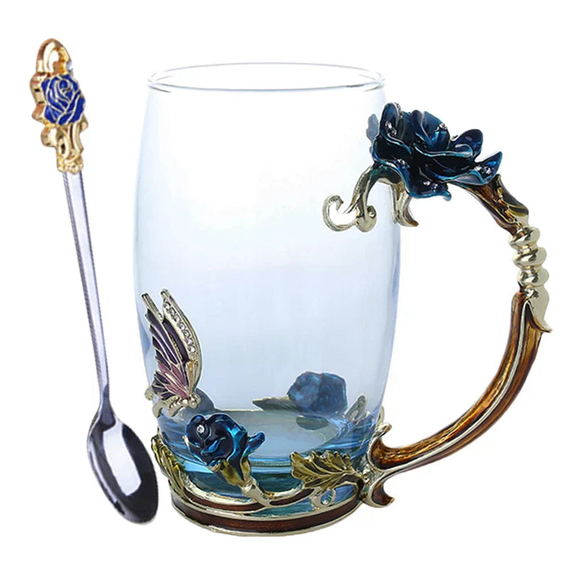 Junips | Handcrafted Enamel Coffee Mugs Rose-Glass Tea Cup with Steel Spoon Luxury Unique Gifts for Wedding Valentine's Day Birthday Gifts
