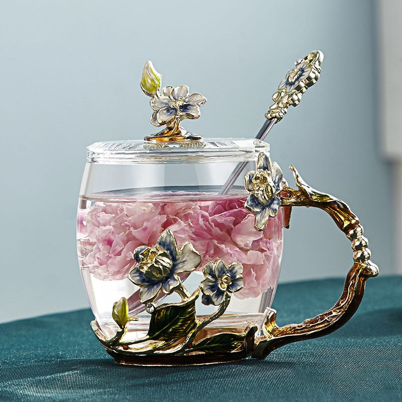 Junips | Handcrafted enamel flower glass mug for couples love gift can serve coffee, flavored tea or even lemon juice in