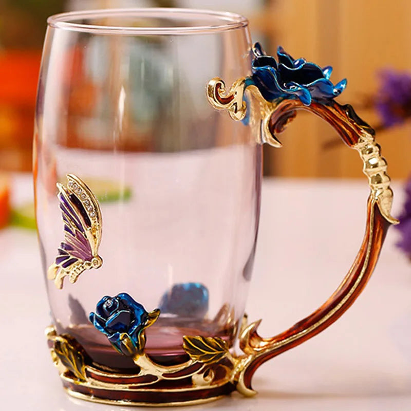 Junips | Handcrafted Enamel Coffee Mugs Rose-Glass Tea Cup with Steel Spoon Luxury Unique Gifts for Wedding Valentine's Day Birthday Gifts