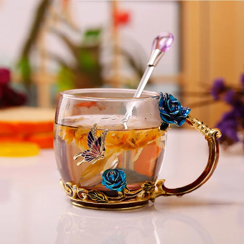 Junips | Handcrafted Enamel Coffee Mugs Rose-Glass Tea Cup with Steel Spoon Luxury Unique Gifts for Wedding Valentine's Day Birthday Gifts