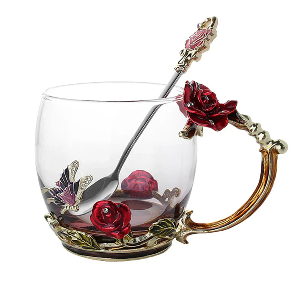 Junips | Handcrafted Enamel Coffee Mugs Rose-Glass Tea Cup with Steel Spoon Luxury Unique Gifts for Wedding Valentine's Day Birthday Gifts