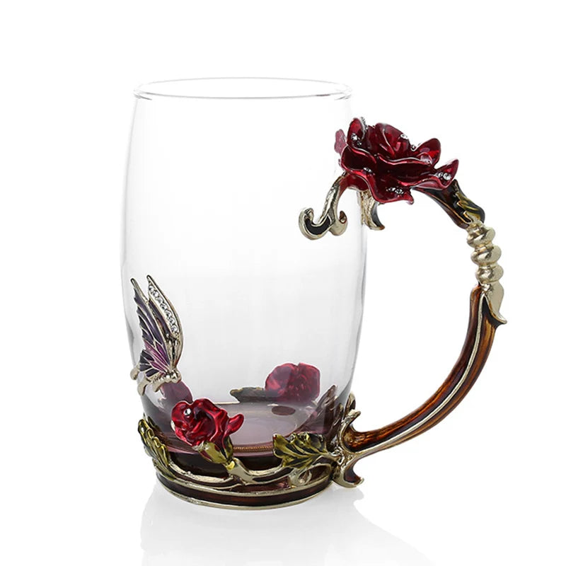 Junips | Handcrafted Enamel Coffee Mugs Rose-Glass Tea Cup with Steel Spoon Luxury Unique Gifts for Wedding Valentine's Day Birthday Gifts