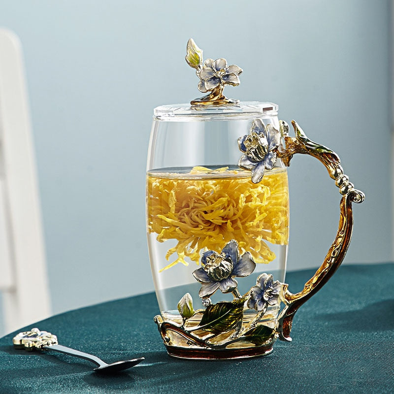 Junips | Handcrafted enamel flower glass mug for couples love gift can serve coffee, flavored tea or even lemon juice in