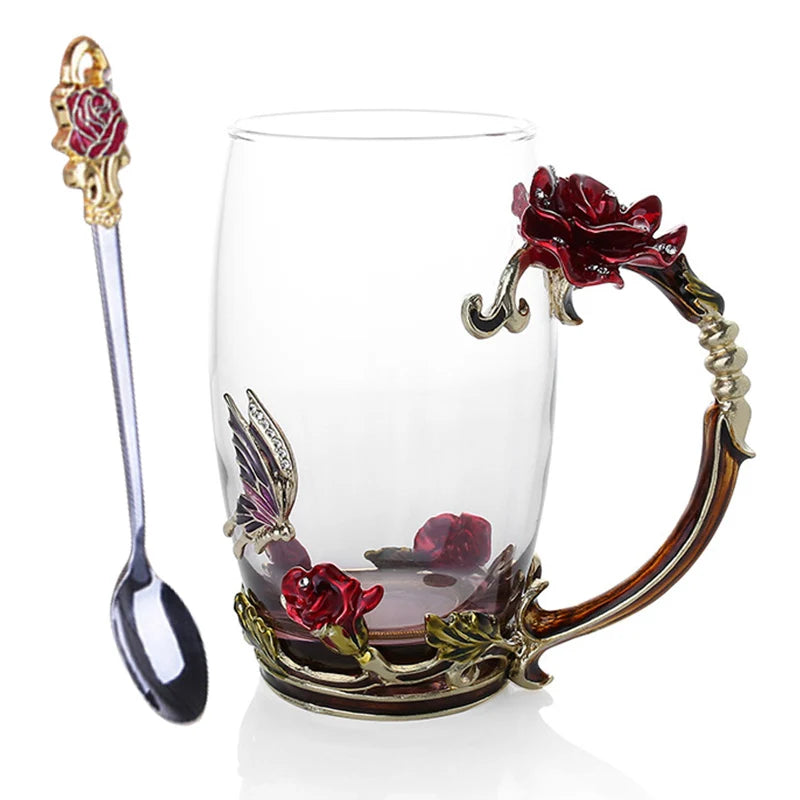 Junips | Handcrafted Enamel Coffee Mugs Rose-Glass Tea Cup with Steel Spoon Luxury Unique Gifts for Wedding Valentine's Day Birthday Gifts