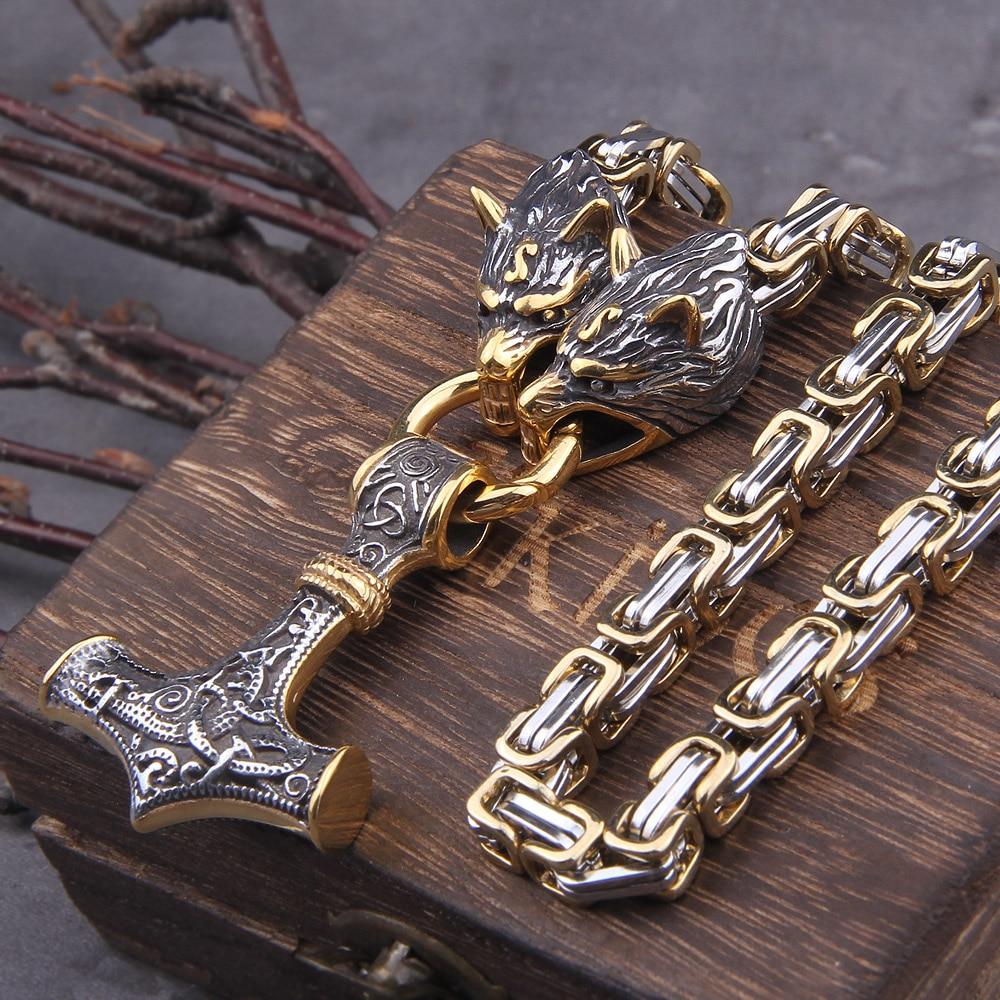 Junips | 60–90 cm Stainless Steel Double Wolf Head & Mjolnir Survival Spirit Necklace/Bracelet