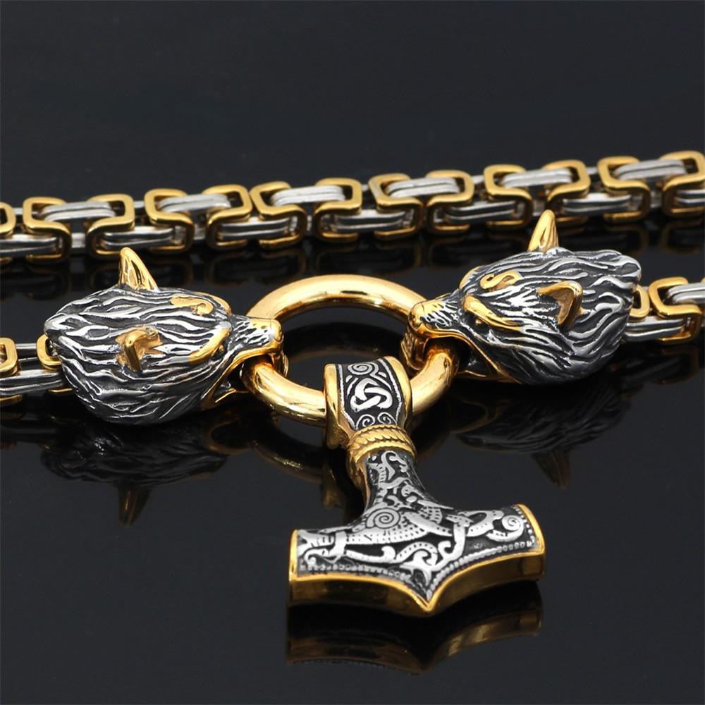Junips | 60–90 cm Stainless Steel Double Wolf Head & Mjolnir Survival Spirit Necklace/Bracelet