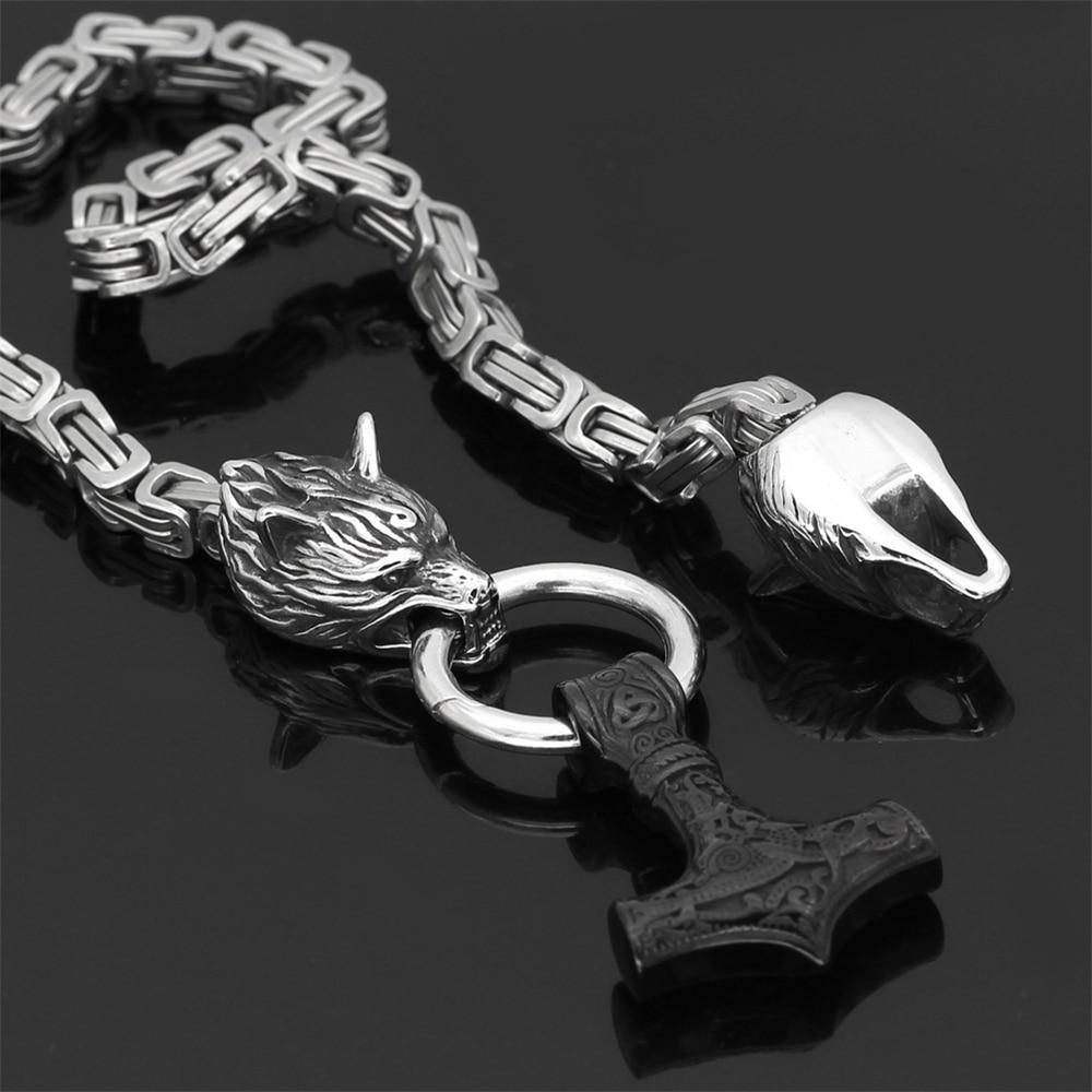Junips | 60–90 cm Stainless Steel Double Wolf Head & Mjolnir Survival Spirit Necklace/Bracelet