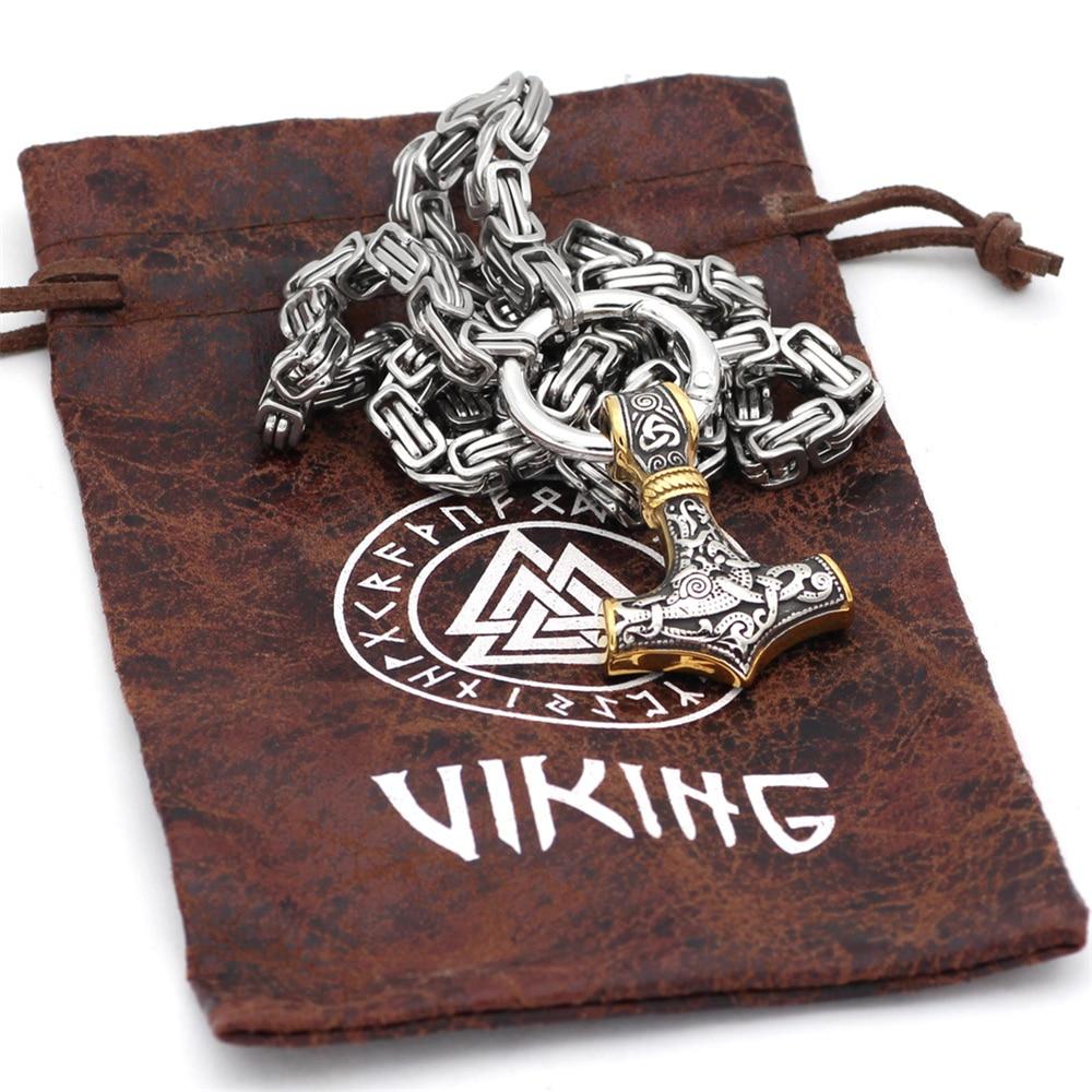 Junips | 60–90 cm Stainless Steel Double Wolf Head & Mjolnir Survival Spirit Necklace/Bracelet