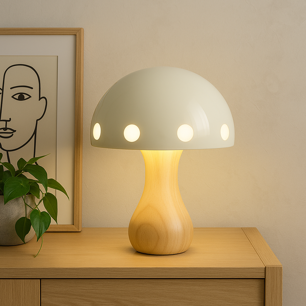 Junips | Modern LED Mushroom Table Lamp – Elegant Accent for Dining Room and Bar, Wood, Resin, Iron, 30 cm Height