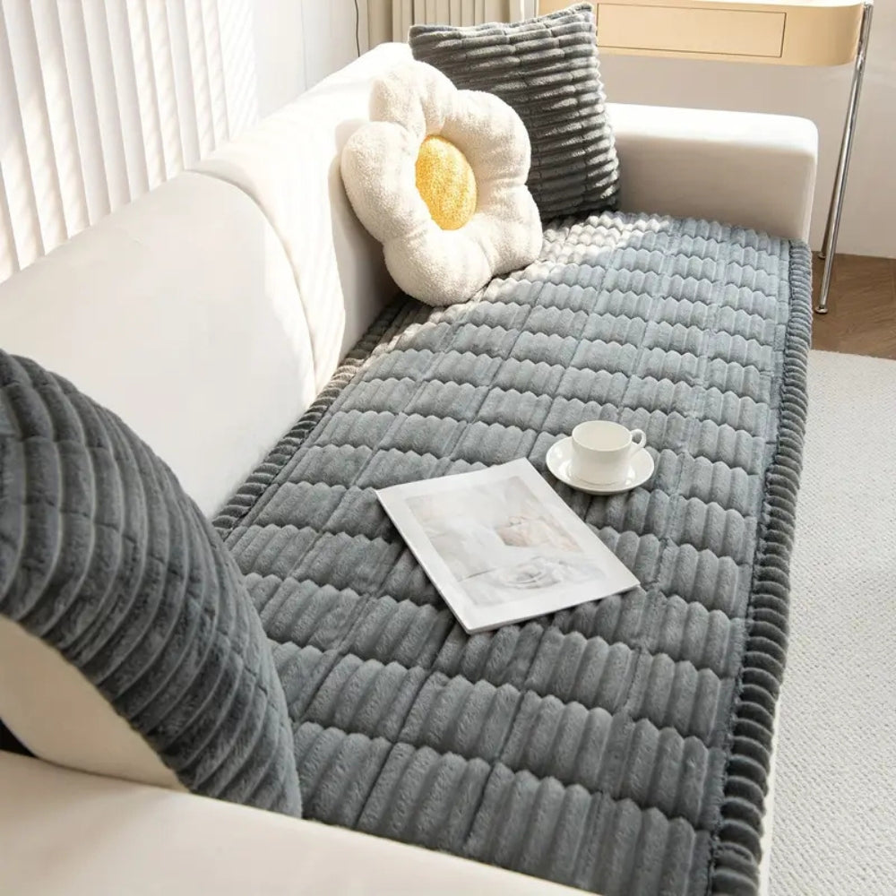 Junips | Plush Pleated Sofa Cover | Non-Slip Thick Flannel Furniture Protector | Machine Washable Microfiber Couch Shield