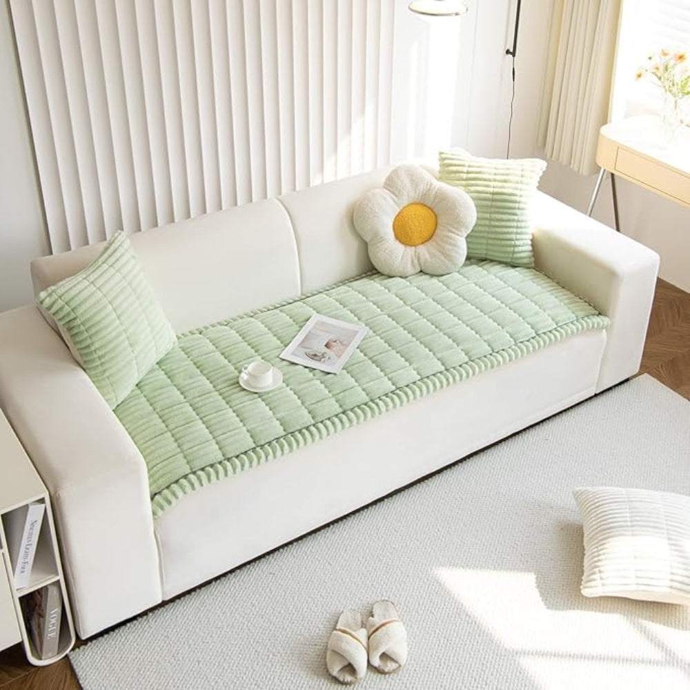 Junips | Plush Pleated Sofa Cover | Non-Slip Thick Flannel Furniture Protector | Machine Washable Microfiber Couch Shield