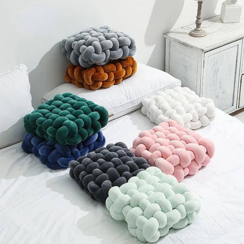 Junips | Living Room Soft Plush Knot Pillow Sofa Pillow Solid Color Square Handwoven Home Throw Pillow Square Woven Seat Cushion Pillow