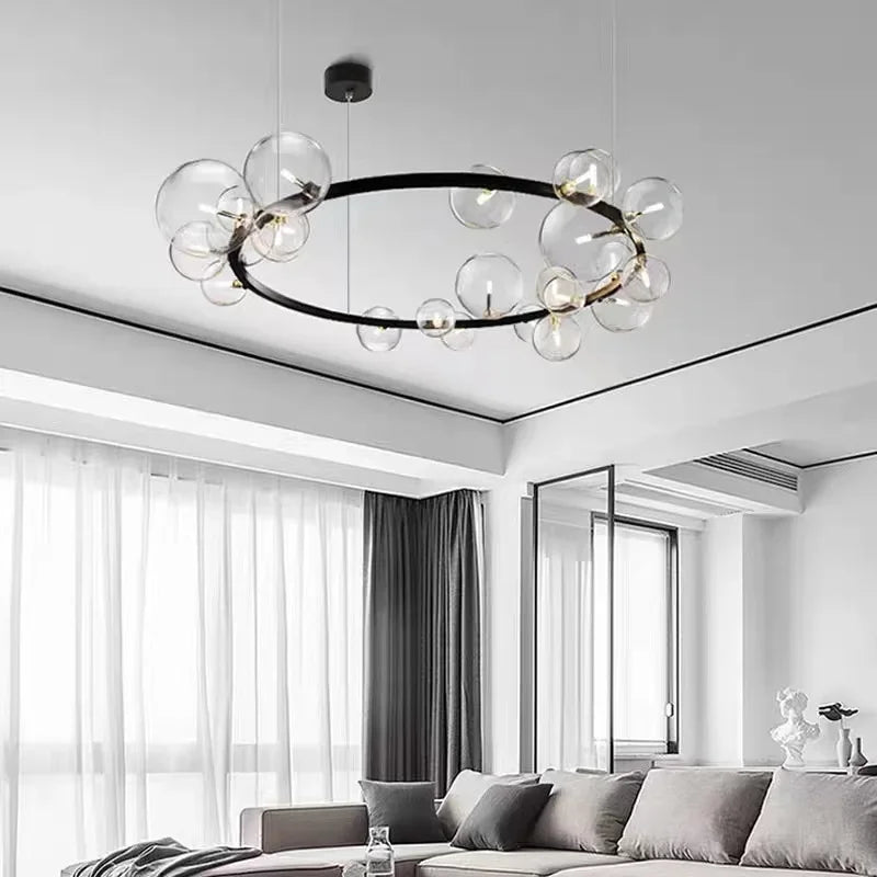 Junips | Modern Creative Metal Chandelier Lighting: 7/10 Clear Glass Bubbles, Long Round Design with G9 Light Fixture