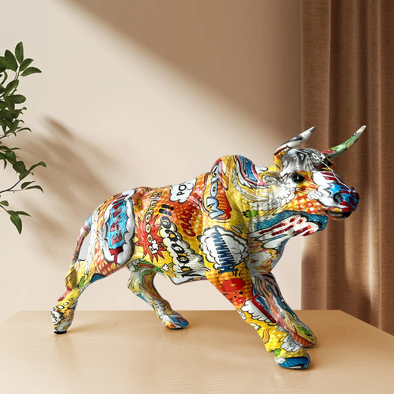 Junips | Graffiti-Painting Resin Bull Figures Home Living Room Bedroom Office Desktop Feng Shui Ornaments Collection Statues