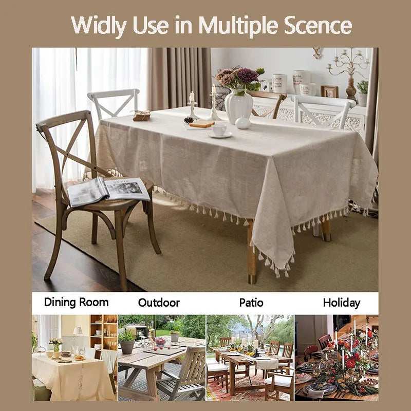Junips | 2023 Cotton-Linen Tablecloth with Tassels, Rectangular Tablecloth for Dining Table, Coffee-Tea Tablecloths, Wedding Easter Decoration