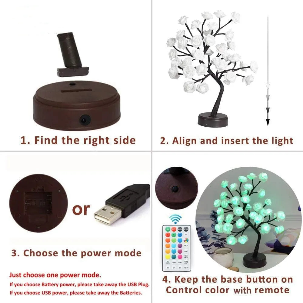 Junips | RGB Rose Flower Tree Lights 24LED USB Battery Table Lamp Fairy Night Light Home Party Christmas Wedding Bedroom Decoration Gift