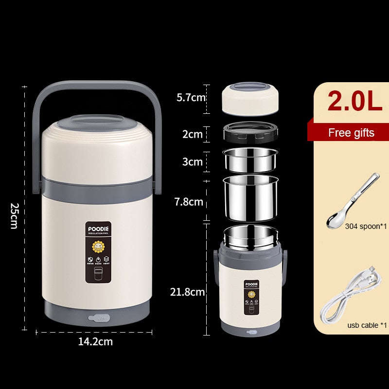 Junips | USB Heated Lunch Box | 304 Stainless Steel Thermal Liner | 65°C Constant Temperature Heater | 1.6L/2.0L High-Capacity Portable Food Warmer | Anhydrous Heating System