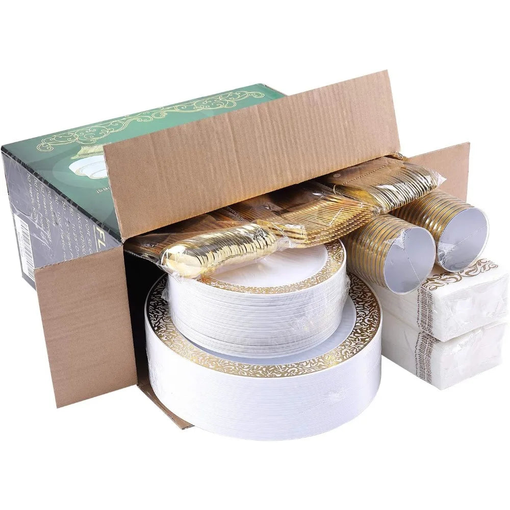 Junips | 350pcs Disposable Gold Lace Dinnerware Set for 50 Guests