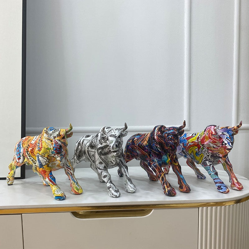 Junips | Graffiti-Painting Resin Bull Figures Home Living Room Bedroom Office Desktop Feng Shui Ornaments Collection Statues