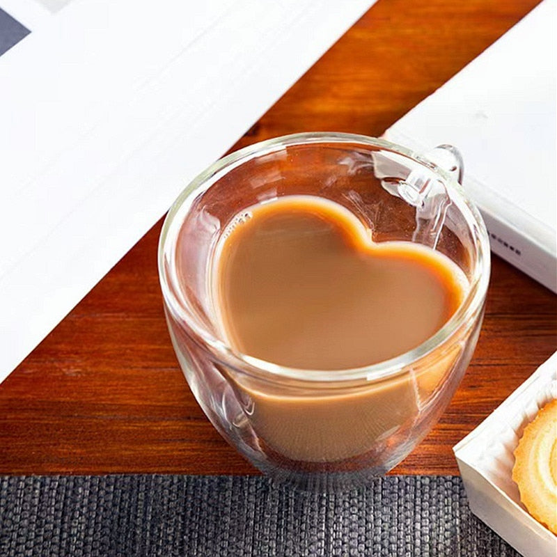 Junips | Heart Love Shape Glass Mug Double-Walled Coffee Cups Insulated Tea Milk Lemon Juice Water Cup Heat-Resistant Drinkware Lover Gift