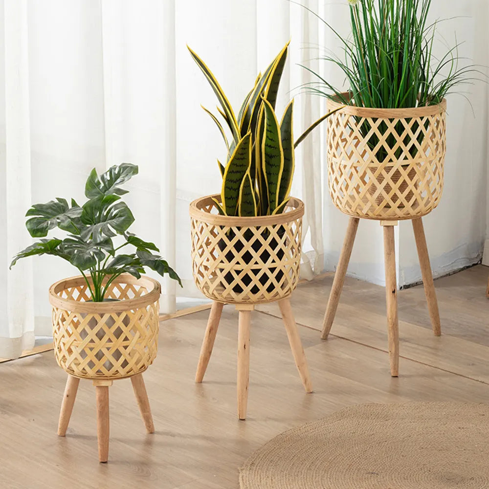 Junips | Handcrafted Bamboo Woven Flower Pot with Stand Plant Flower Display Storage Stand DIY Storage Children's Plant Pots Home Decor