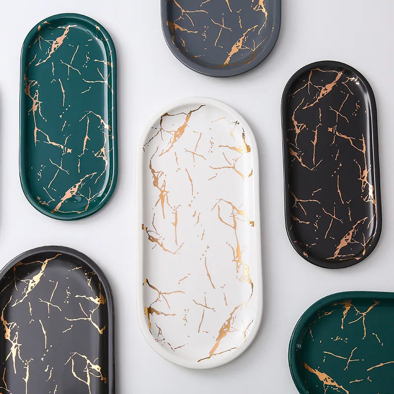 Junips | Nordic Ins Ceramic Marble Oval Tray Jewelry Storage Tray Accessories Soap Holder Golden Wave Bathroom Cup Bath Decoration