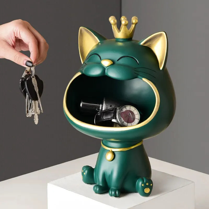 Junips | Fortune Crown Big Mouth Cat Entrance Key Holder Decorative Ornament, Light Luxury Housewarming Gift Sculpture
