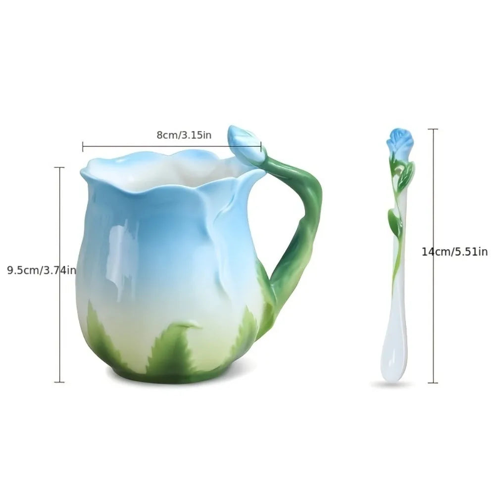 Junips | 3D Rose Flower Coffee Mug Ceramic Coffee Mugs Cute Aesthetic Water Cups with Spoon Summer Winter Drinking Utensils Valentine's Day Gifts