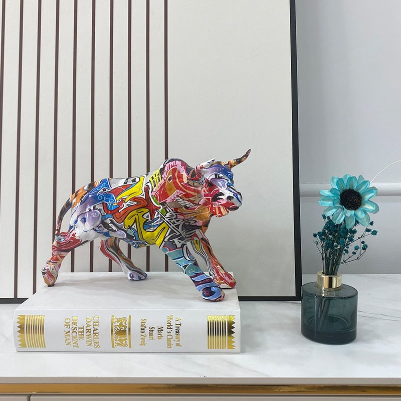 Junips | Graffiti-Painting Resin Bull Figures Home Living Room Bedroom Office Desktop Feng Shui Ornaments Collection Statues