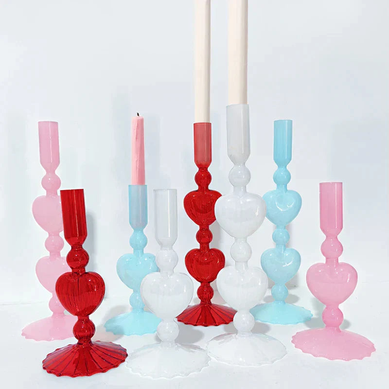 Junips | Retro Taper Candle Holder Red Heart Shape Glass Candle Holder Wedding Table Decoration Home Party Glass Vase Decor