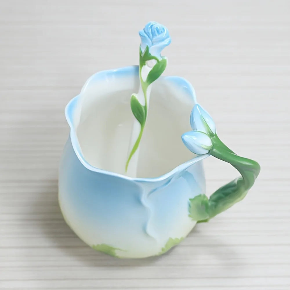 Junips | 3D Rose Flower Coffee Mug Ceramic Coffee Mugs Cute Aesthetic Water Cups with Spoon Summer Winter Drinking Utensils Valentine's Day Gifts