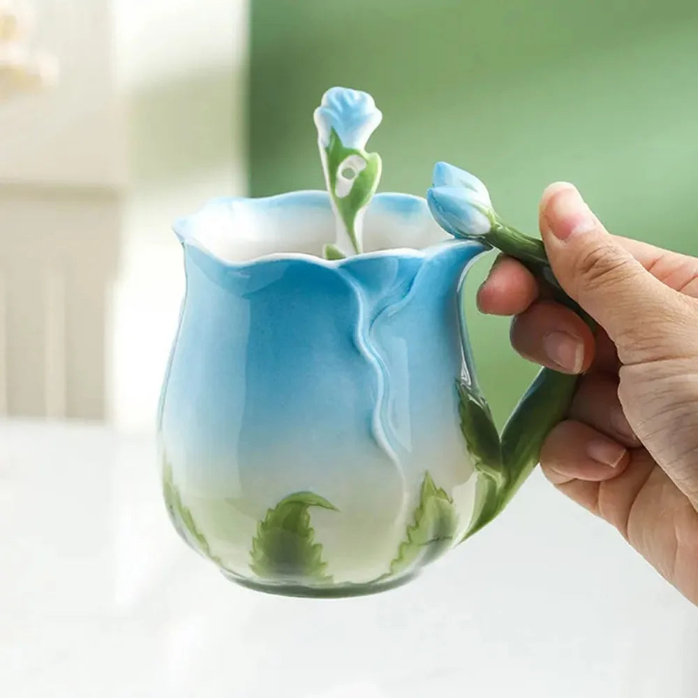 Junips | 3D Rose Flower Coffee Mug Ceramic Coffee Mugs Cute Aesthetic Water Cups with Spoon Summer Winter Drinking Utensils Valentine's Day Gifts