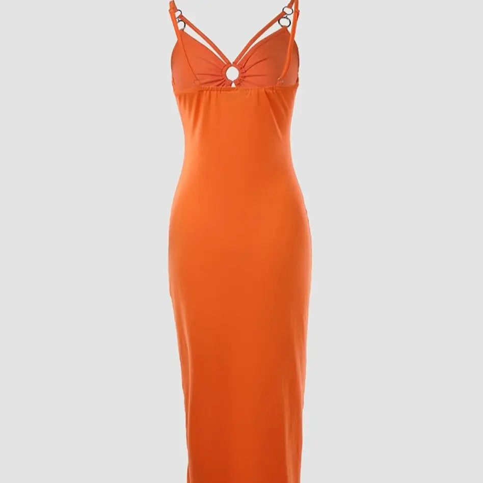 Women's Bright Orange Spaghetti Strap Chain Dress – Deep V Cutout Bodycon Maxi with Slit for a Sexy Spring/Summer Party Look