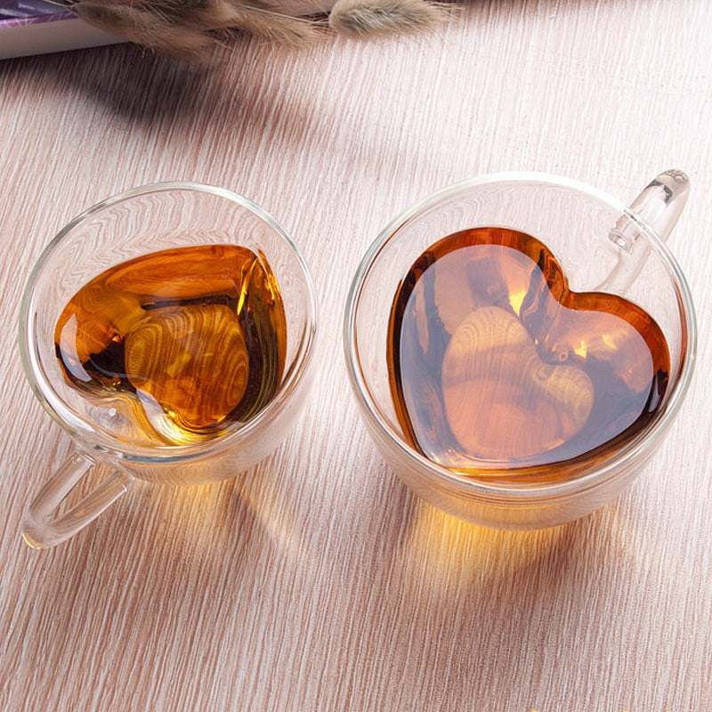 Junips | Heart Love Shape Glass Mug Double-Walled Coffee Cups Insulated Tea Milk Lemon Juice Water Cup Heat-Resistant Drinkware Lover Gift