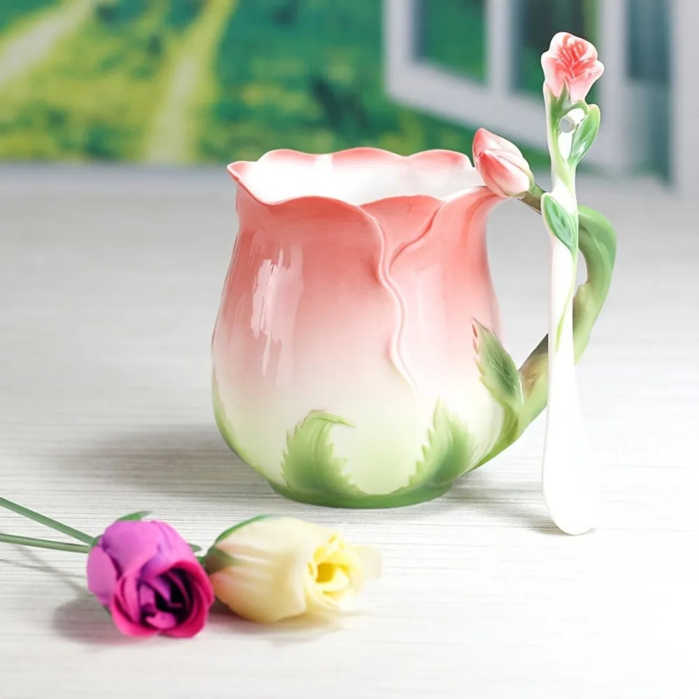 Junips | 3D Rose Flower Coffee Mug Ceramic Coffee Mugs Cute Aesthetic Water Cups with Spoon Summer Winter Drinking Utensils Valentine's Day Gifts