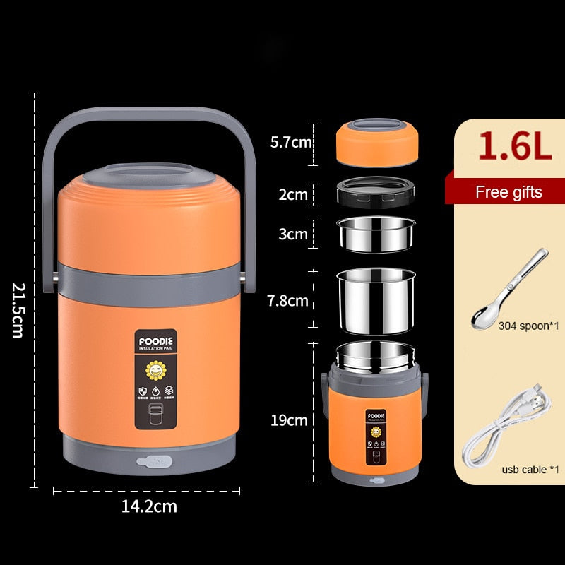Junips | USB Heated Lunch Box | 304 Stainless Steel Thermal Liner | 65°C Constant Temperature Heater | 1.6L/2.0L High-Capacity Portable Food Warmer | Anhydrous Heating System