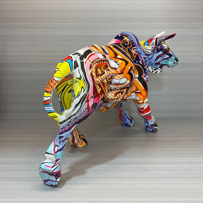 Junips | Graffiti-Painting Resin Bull Figures Home Living Room Bedroom Office Desktop Feng Shui Ornaments Collection Statues